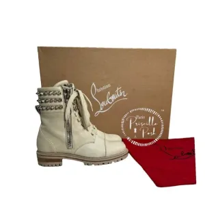 Christian Louboutin Leather Silver Spiked Combat Boots Luge Rubber Sole 36