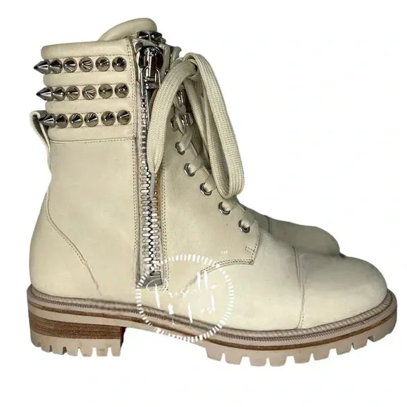 Christian Louboutin Leather Silver Spiked Combat Boots Luge Rubber Sole 36