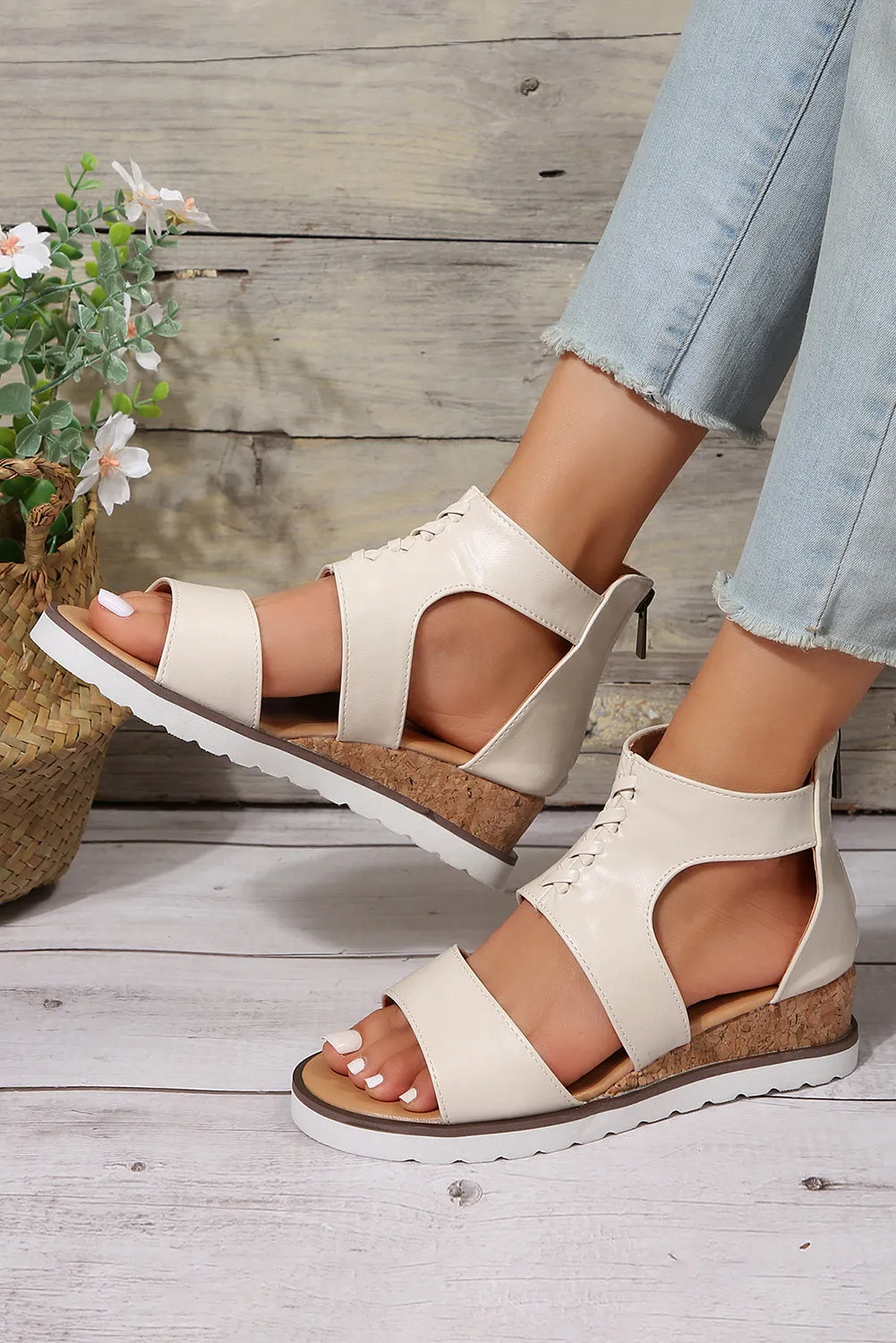Crisscross Detail Leather Wedge Gladiator Sandals