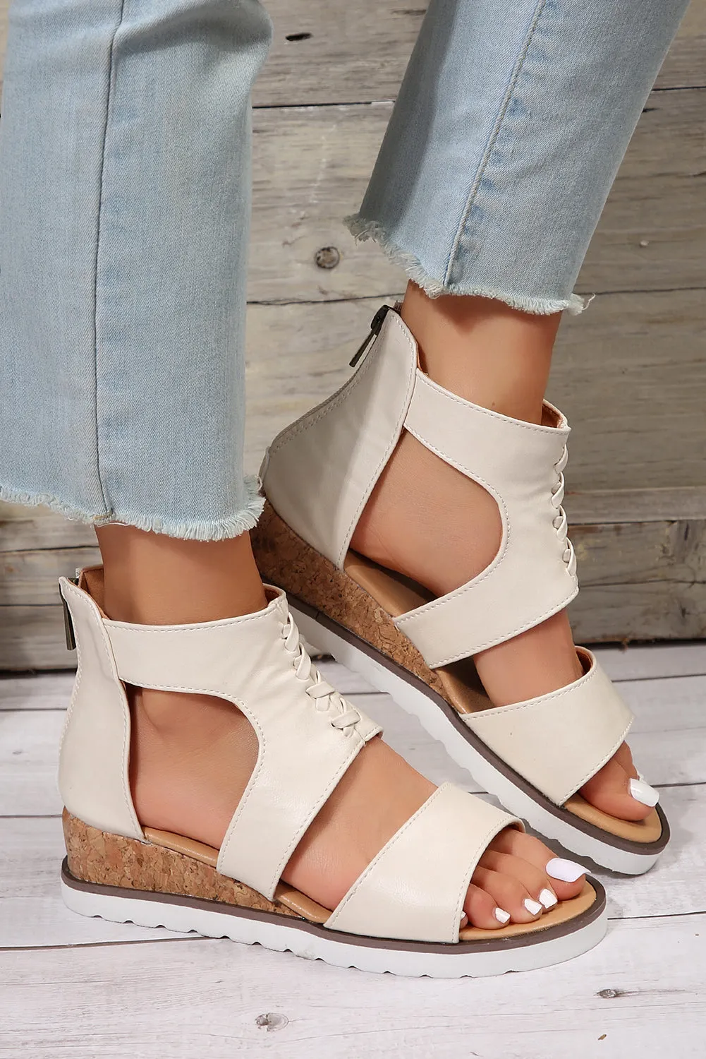 Crisscross Detail Leather Wedge Gladiator Sandals