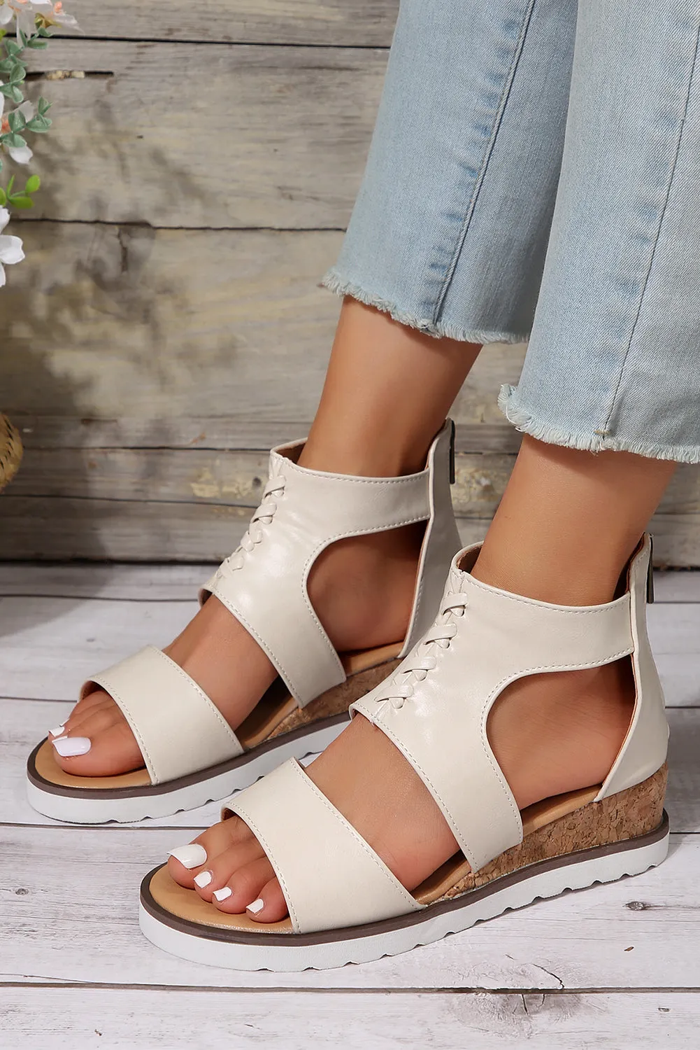 Crisscross Detail Leather Wedge Gladiator Sandals