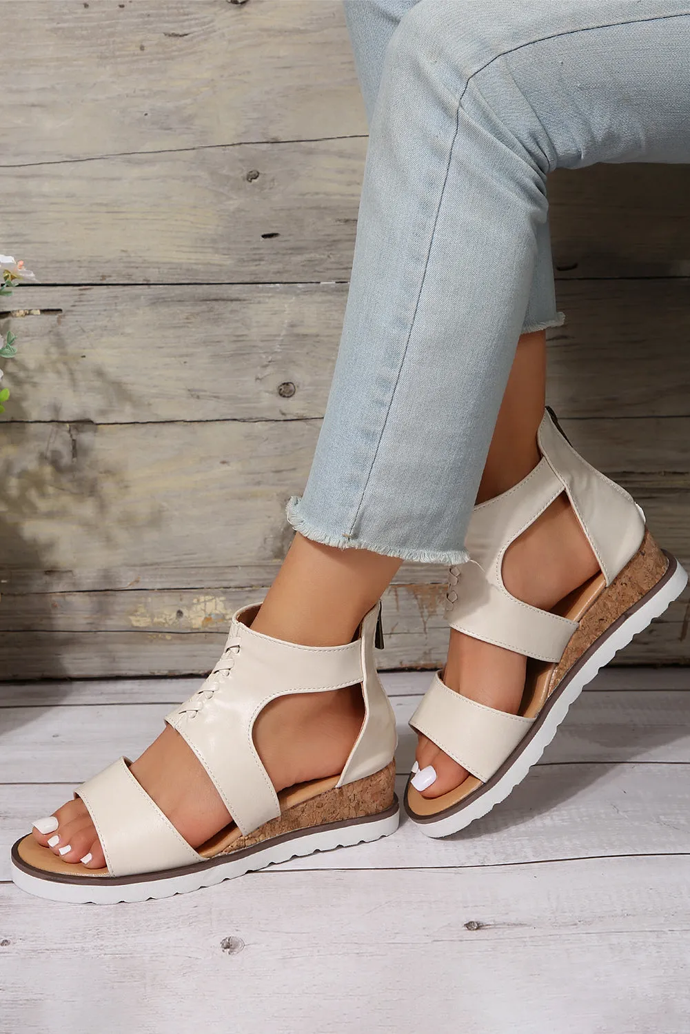 Crisscross Detail Leather Wedge Gladiator Sandals