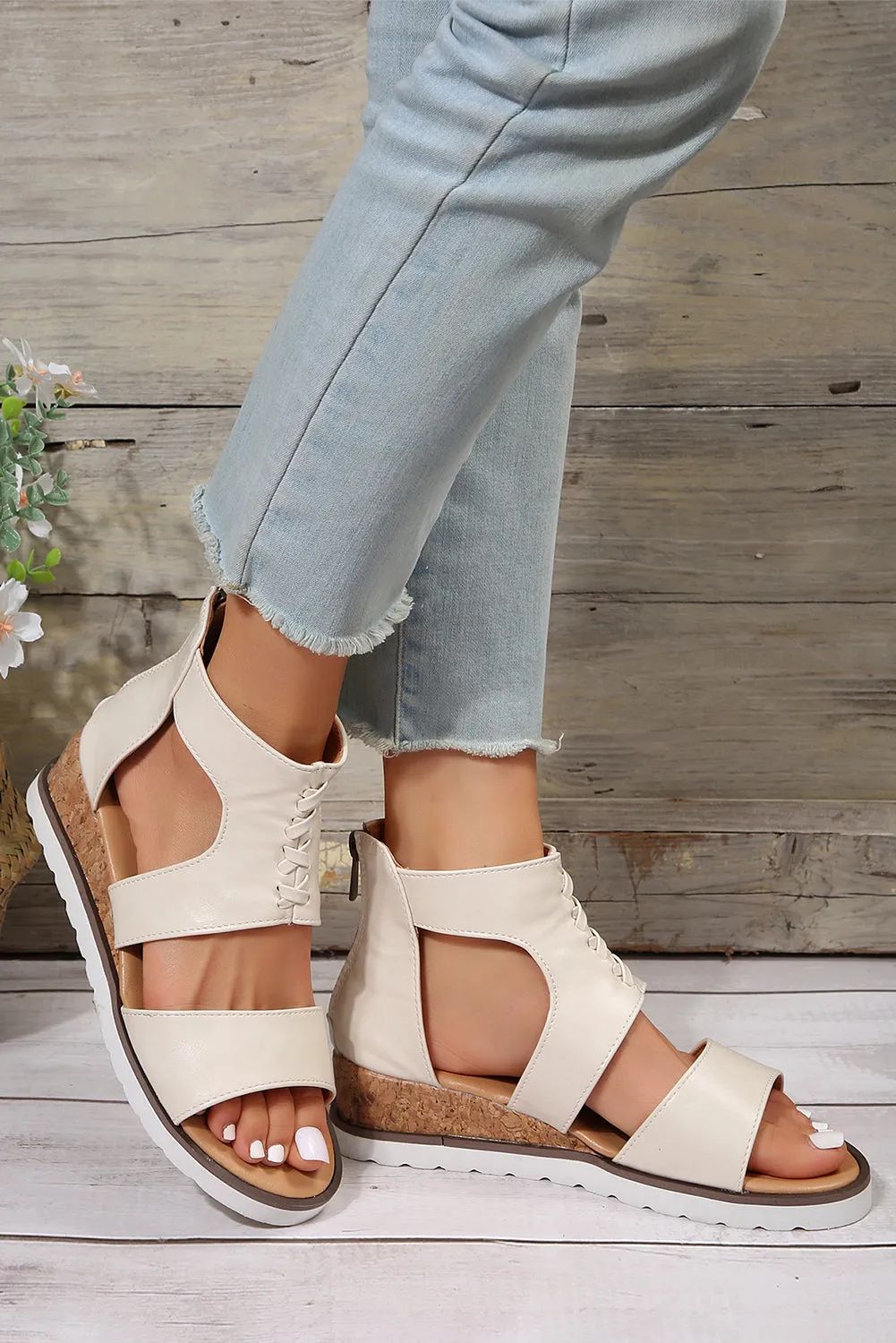 Crisscross Detail Leather Wedge Gladiator Sandals