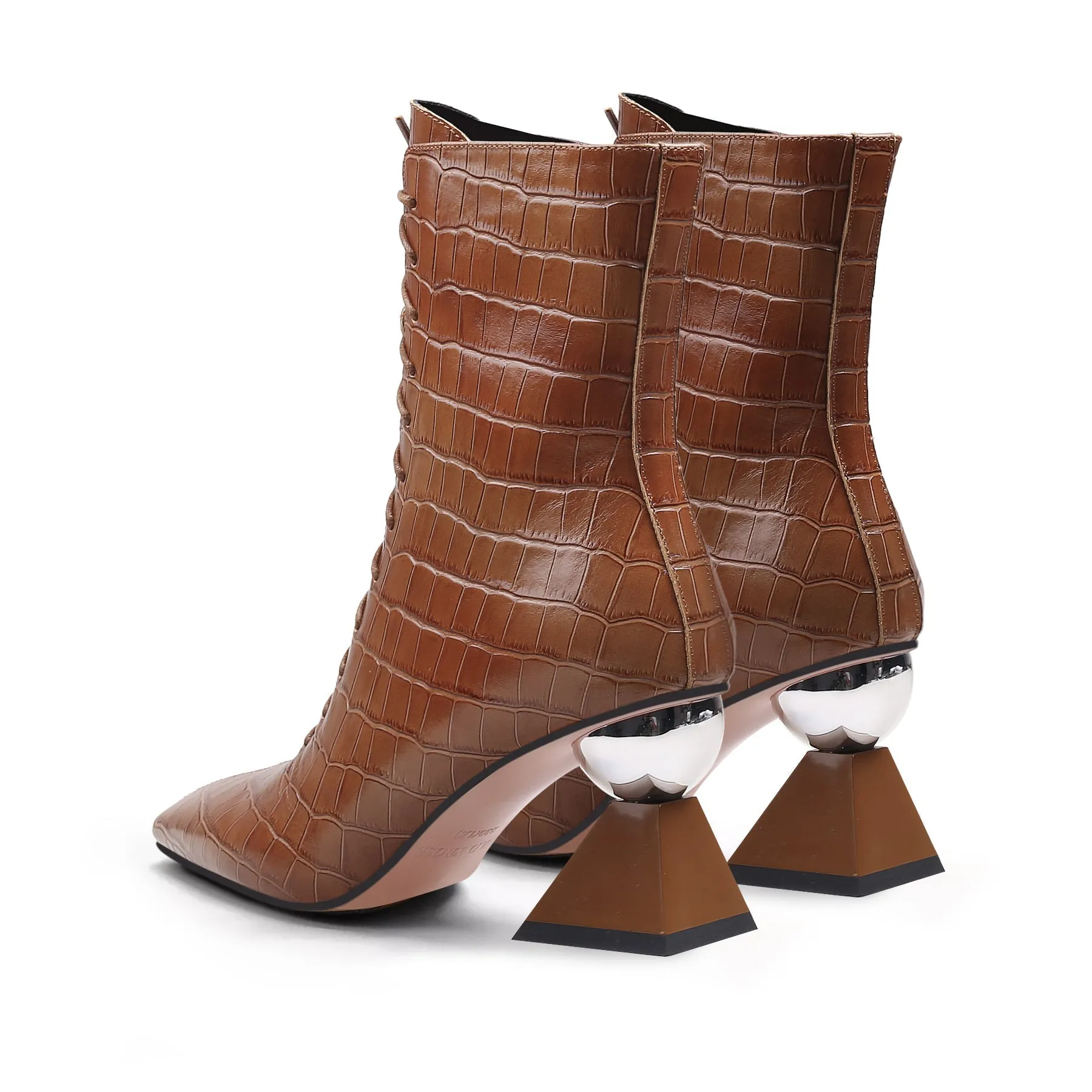 Crystal Heel Croc Embossed Leather Bootie - Brown