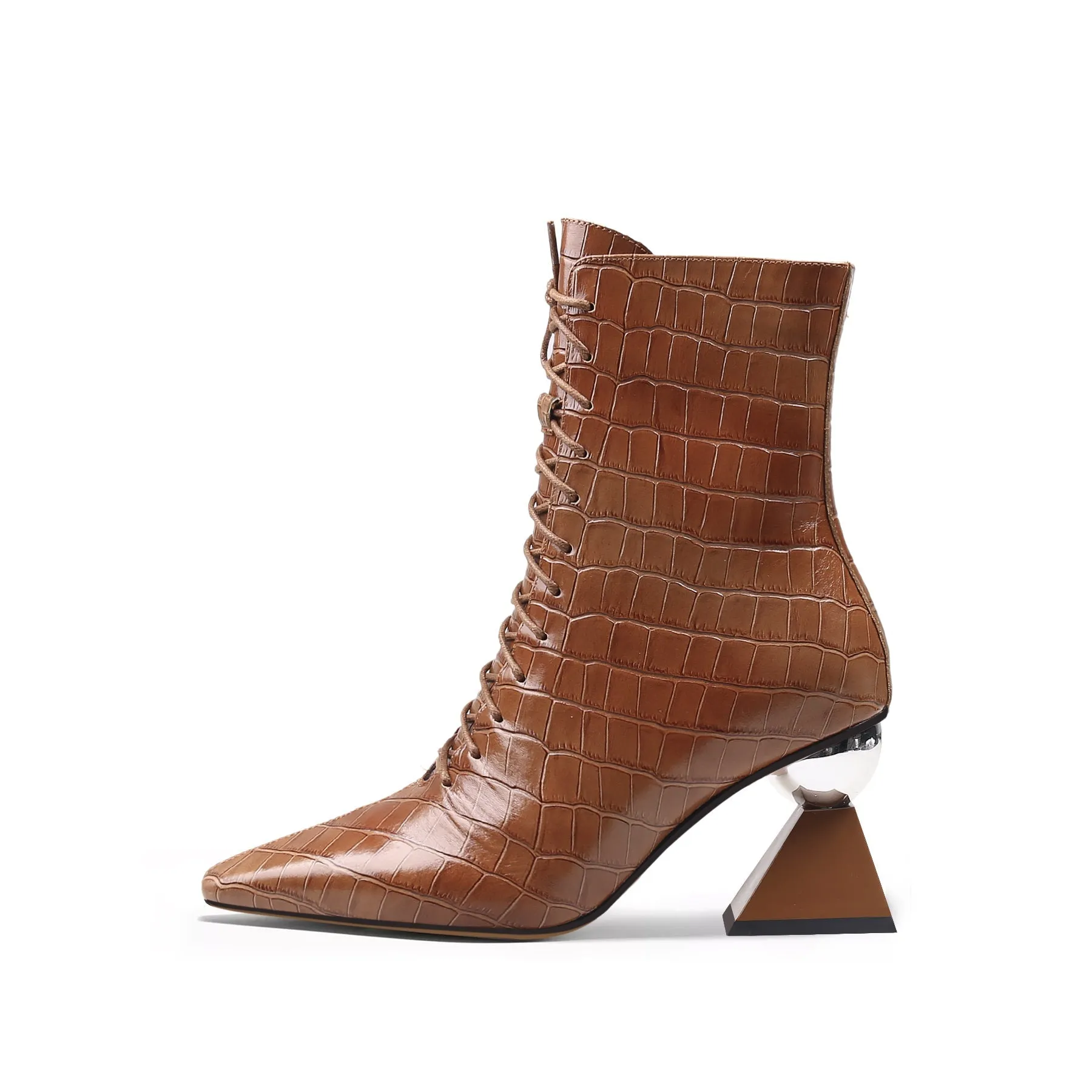 Crystal Heel Croc Embossed Leather Bootie - Brown