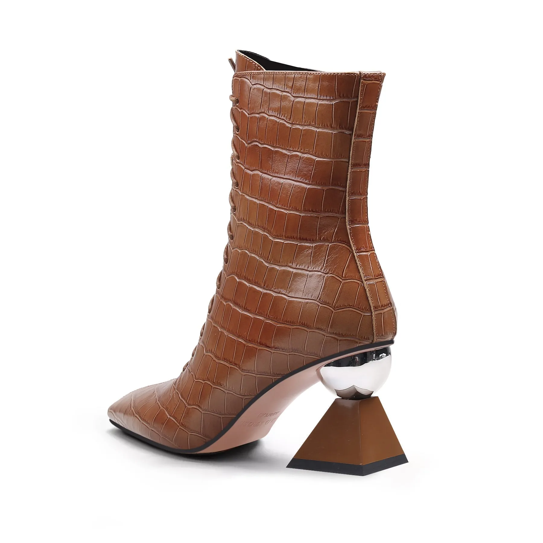 Crystal Heel Croc Embossed Leather Bootie - Brown