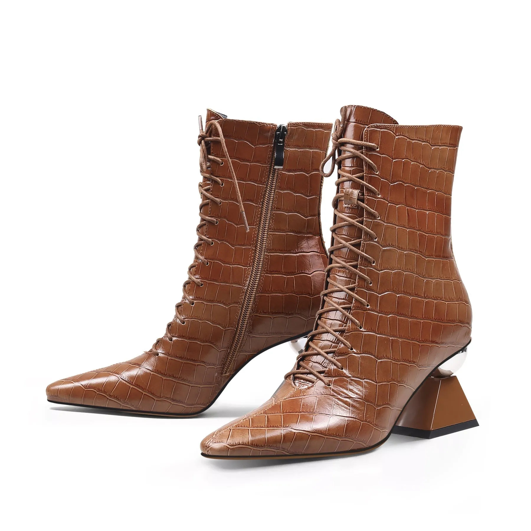 Crystal Heel Croc Embossed Leather Bootie - Brown
