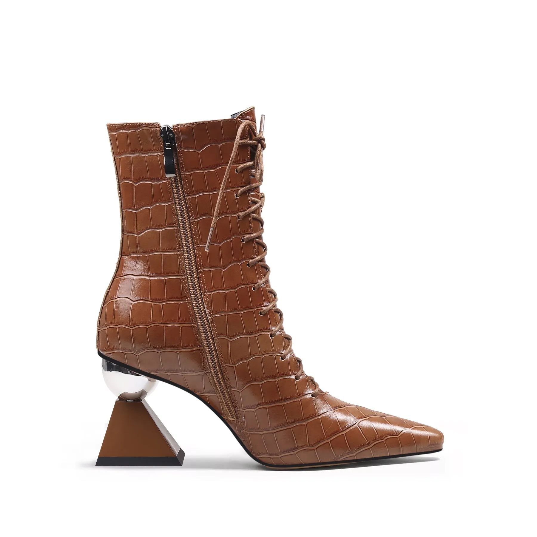 Crystal Heel Croc Embossed Leather Bootie - Brown