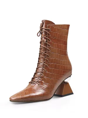 Crystal Heel Croc Embossed Leather Bootie - Brown