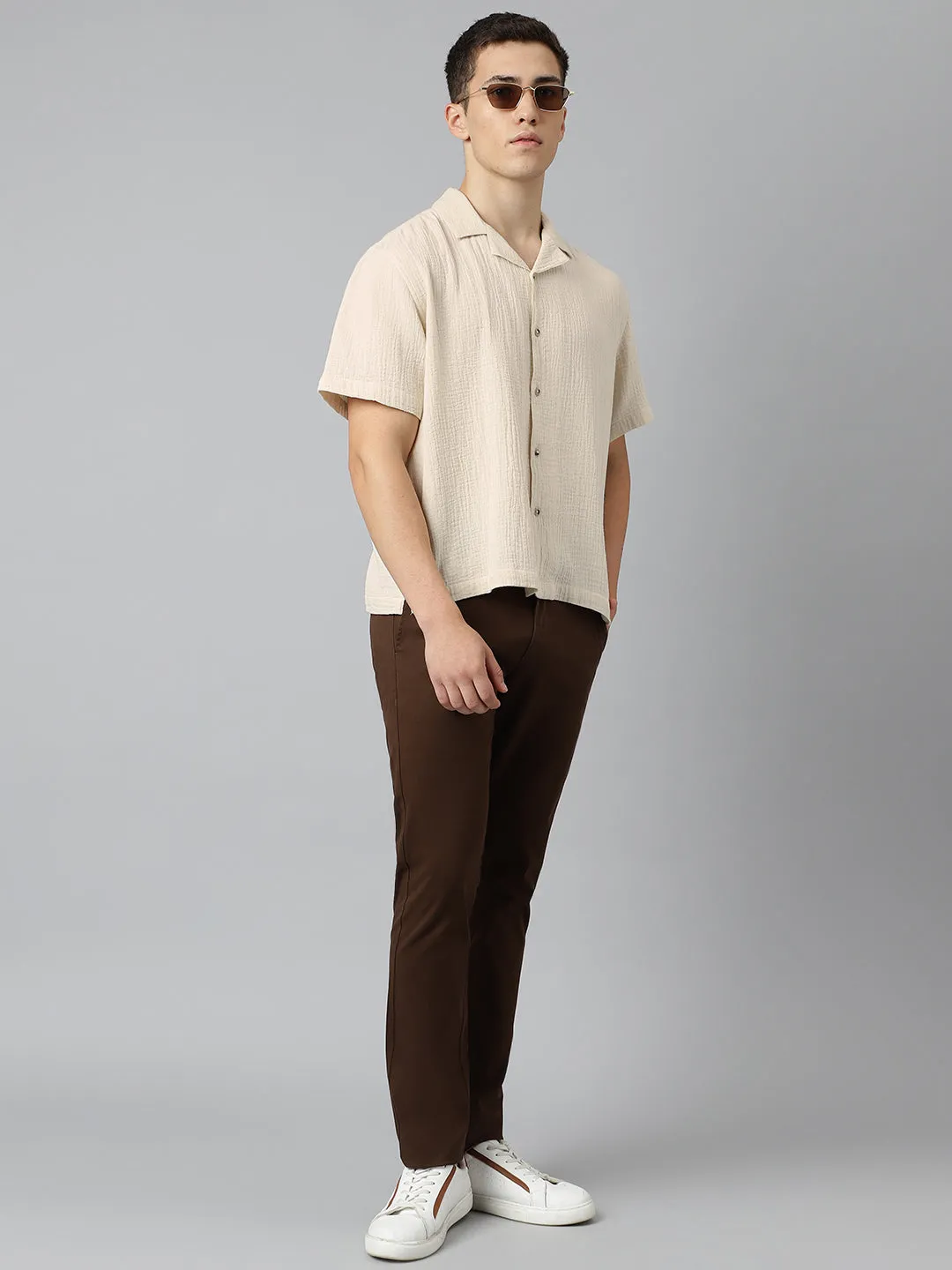 Cuban Collar Half Sleeve Casual Shirt in Beige - Comfort Fit