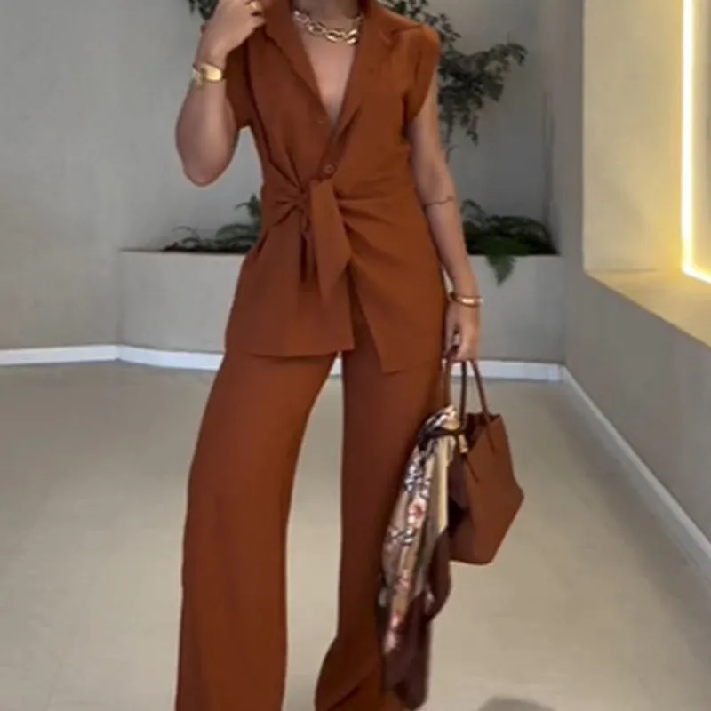 Elegant Waisted Top & Casual Pants Set