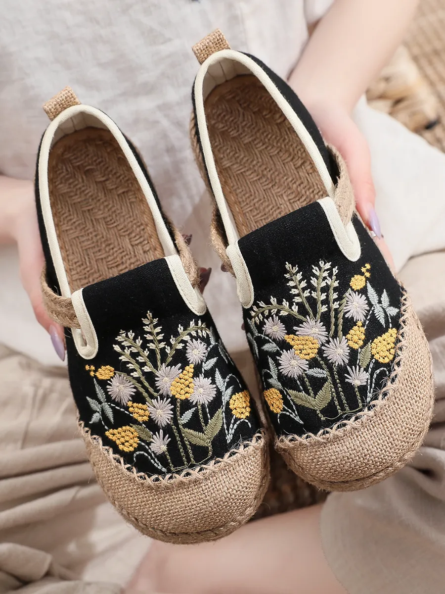 Field Corn Embroidered Linen Round Toe Espadrilles Loafers - Black
