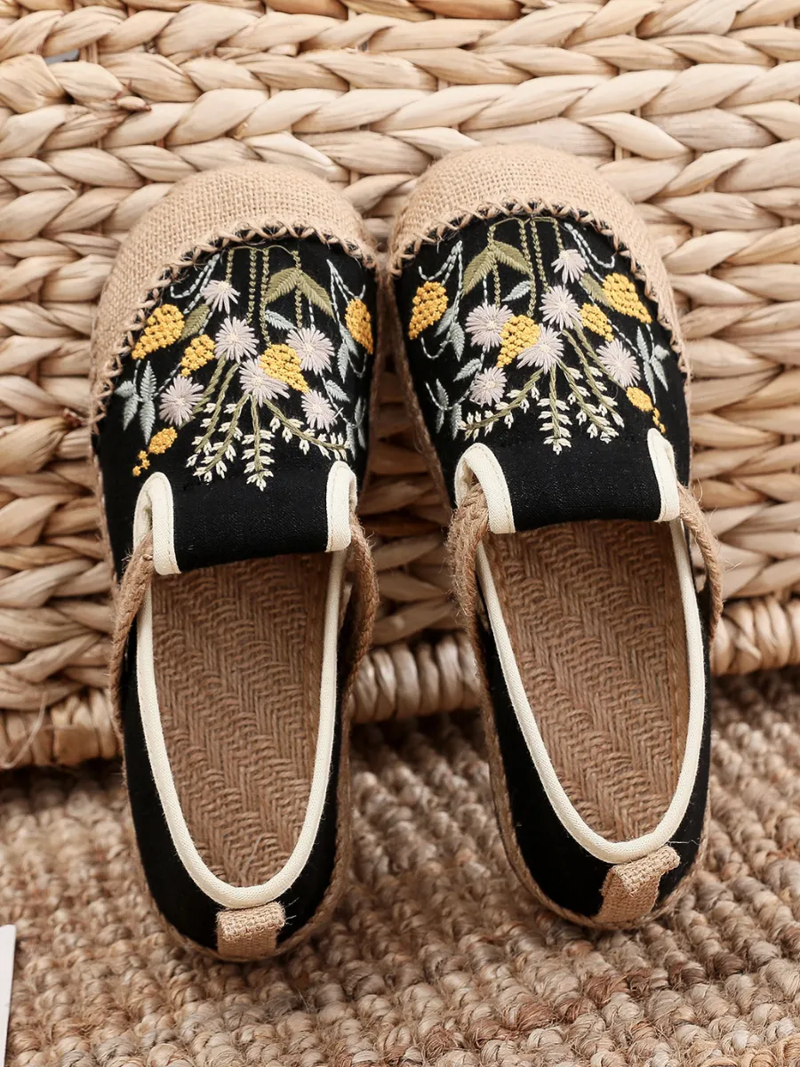 Field Corn Embroidered Linen Round Toe Espadrilles Loafers - Black