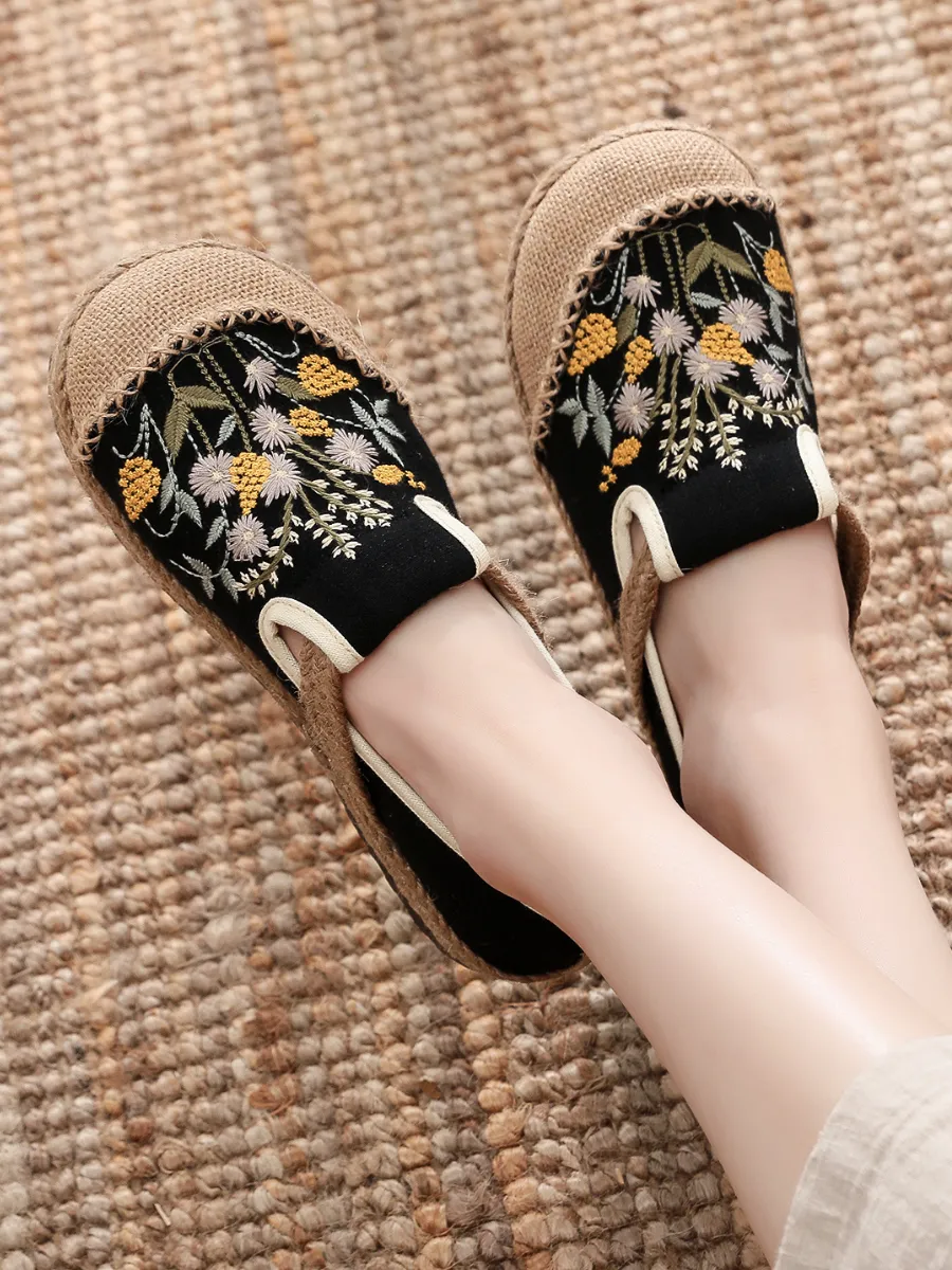 Field Corn Embroidered Linen Round Toe Espadrilles Loafers - Black