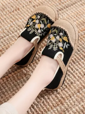Field Corn Embroidered Linen Round Toe Espadrilles Loafers - Black