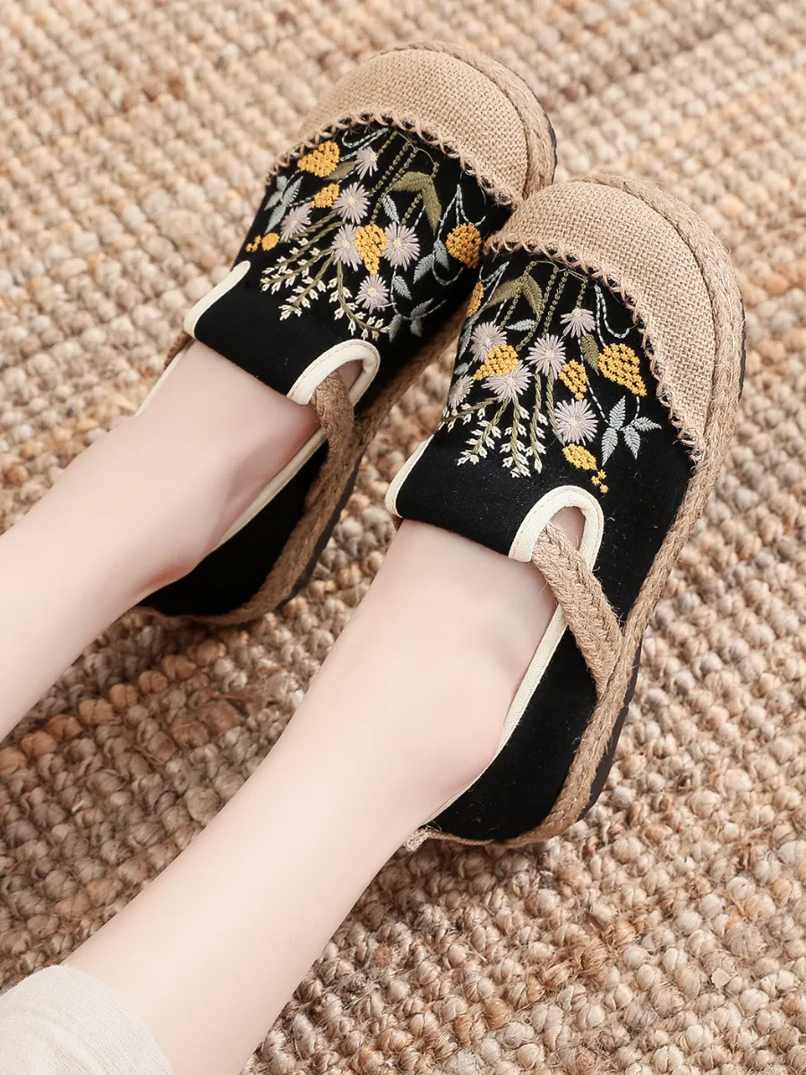 Field Corn Embroidered Linen Round Toe Espadrilles Loafers - Black