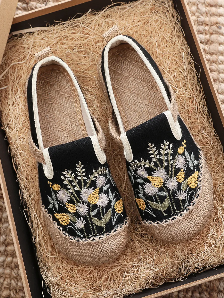 Field Corn Embroidered Linen Round Toe Espadrilles Loafers - Black