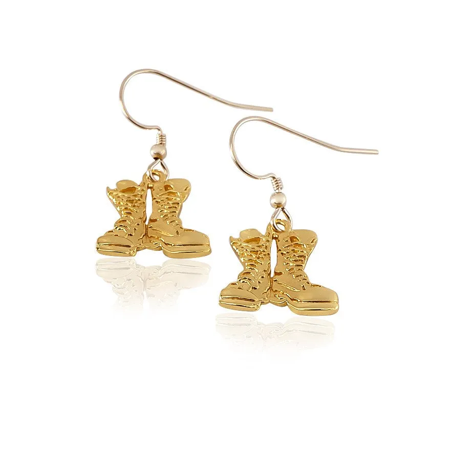 First Light Earrings -  Antiqued or Shined- 15 mm  Stainless Steel, Sterling Silver, 14K Gold  or Gold Plated Stainless Steel,  Combat Boots dangling from a Small Coil Loop Ear Wire
