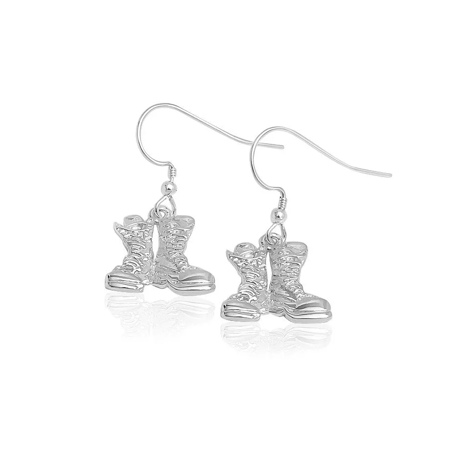First Light Earrings -  Antiqued or Shined- 15 mm  Stainless Steel, Sterling Silver, 14K Gold  or Gold Plated Stainless Steel,  Combat Boots dangling from a Small Coil Loop Ear Wire
