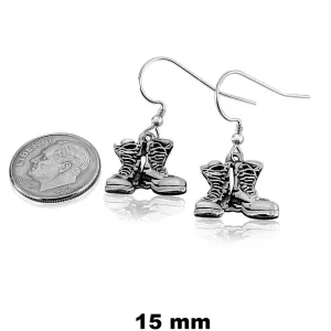 First Light Earrings -  Antiqued or Shined- 15 mm  Stainless Steel, Sterling Silver, 14K Gold  or Gold Plated Stainless Steel,  Combat Boots dangling from a Small Coil Loop Ear Wire