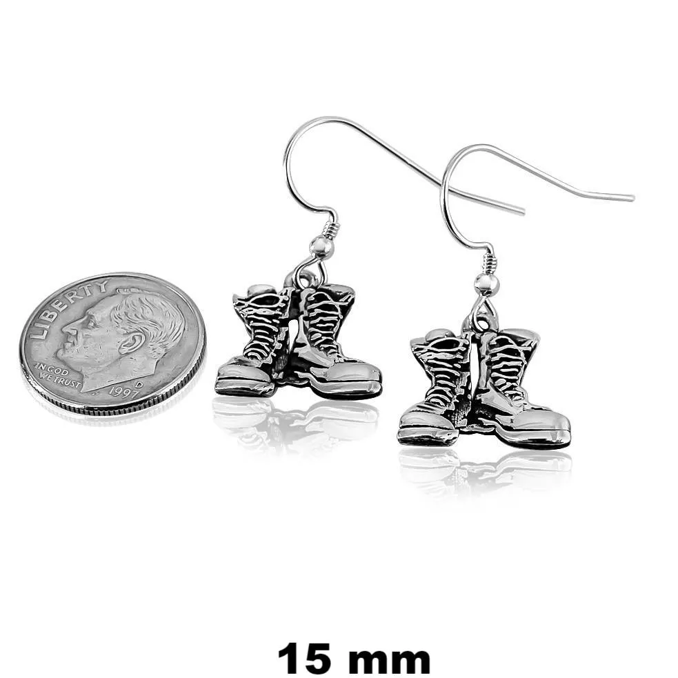 First Light Earrings -  Antiqued or Shined- 15 mm  Stainless Steel, Sterling Silver, 14K Gold  or Gold Plated Stainless Steel,  Combat Boots dangling from a Small Coil Loop Ear Wire