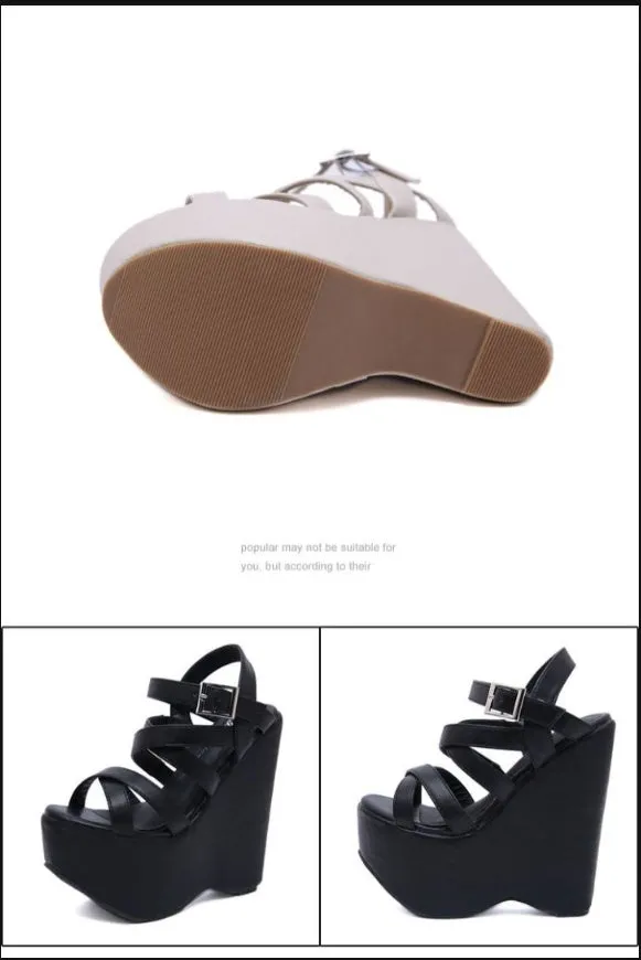 Gdgydh Height 16 Cm High Heel Platform Wedge Sandals Cross Strap Gothic Punk Style Gladiator Fish Mouth Shoes For Women