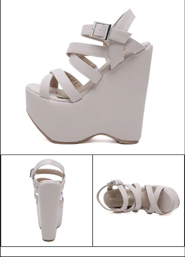 Gdgydh Height 16 Cm High Heel Platform Wedge Sandals Cross Strap Gothic Punk Style Gladiator Fish Mouth Shoes For Women