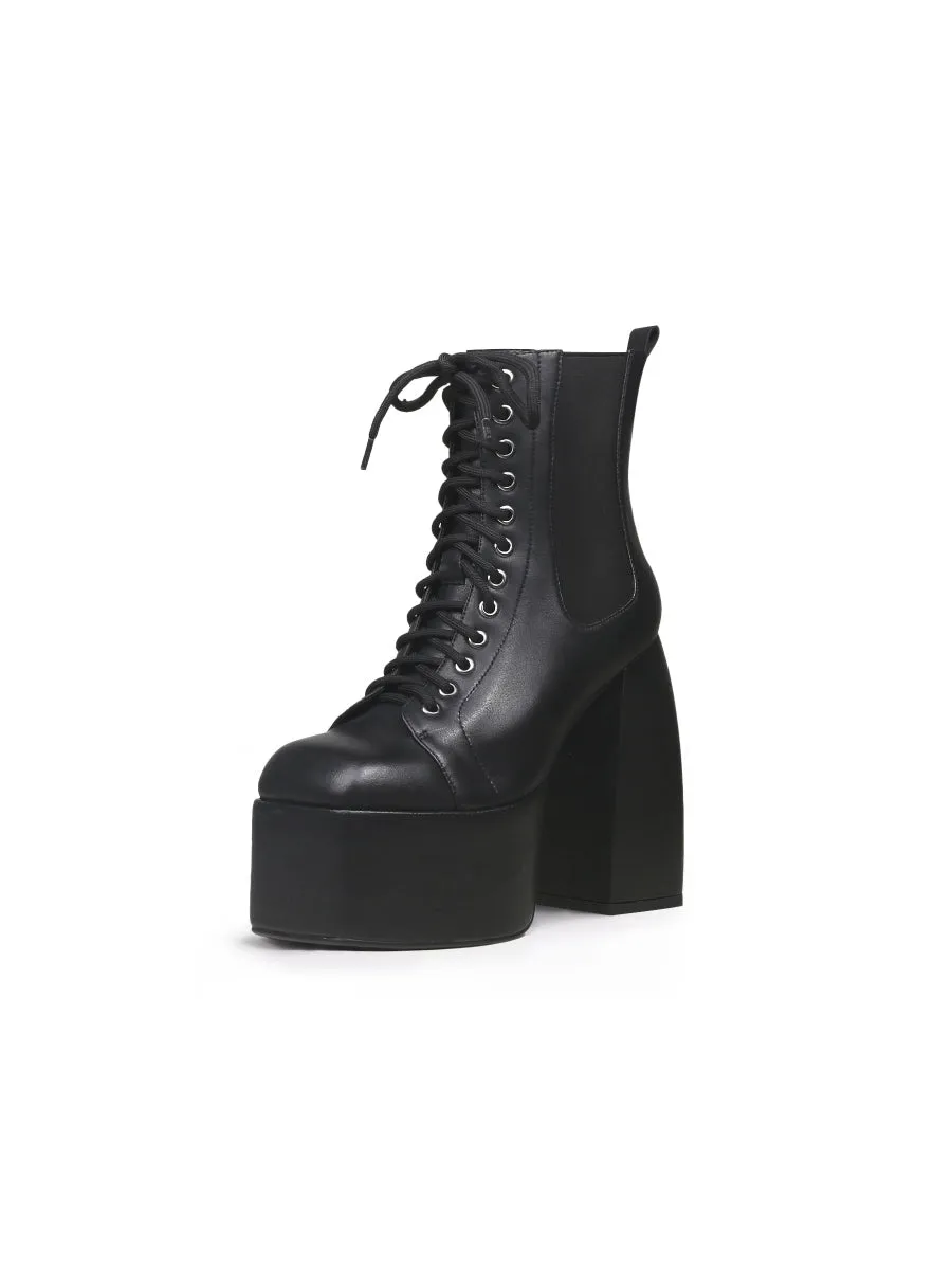 Genuine Leather Chunky Heel Lace-Up Black Platform Chelsea Boots