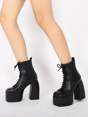Genuine Leather Chunky Heel Lace-Up Black Platform Chelsea Boots