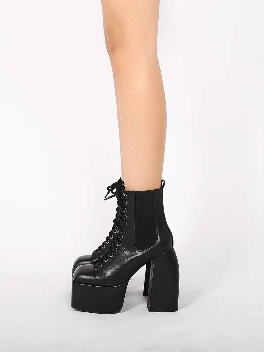 Genuine Leather Chunky Heel Lace-Up Black Platform Chelsea Boots