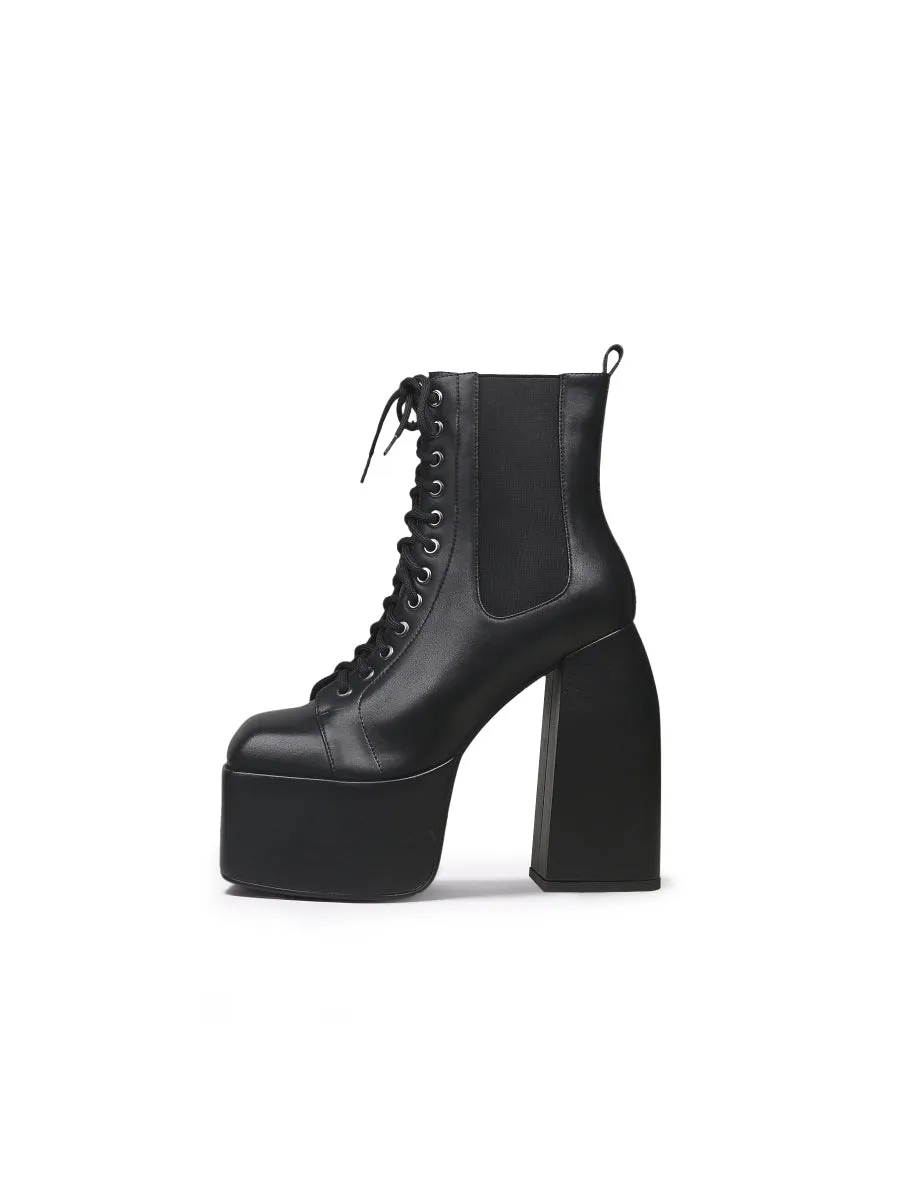 Genuine Leather Chunky Heel Lace-Up Black Platform Chelsea Boots