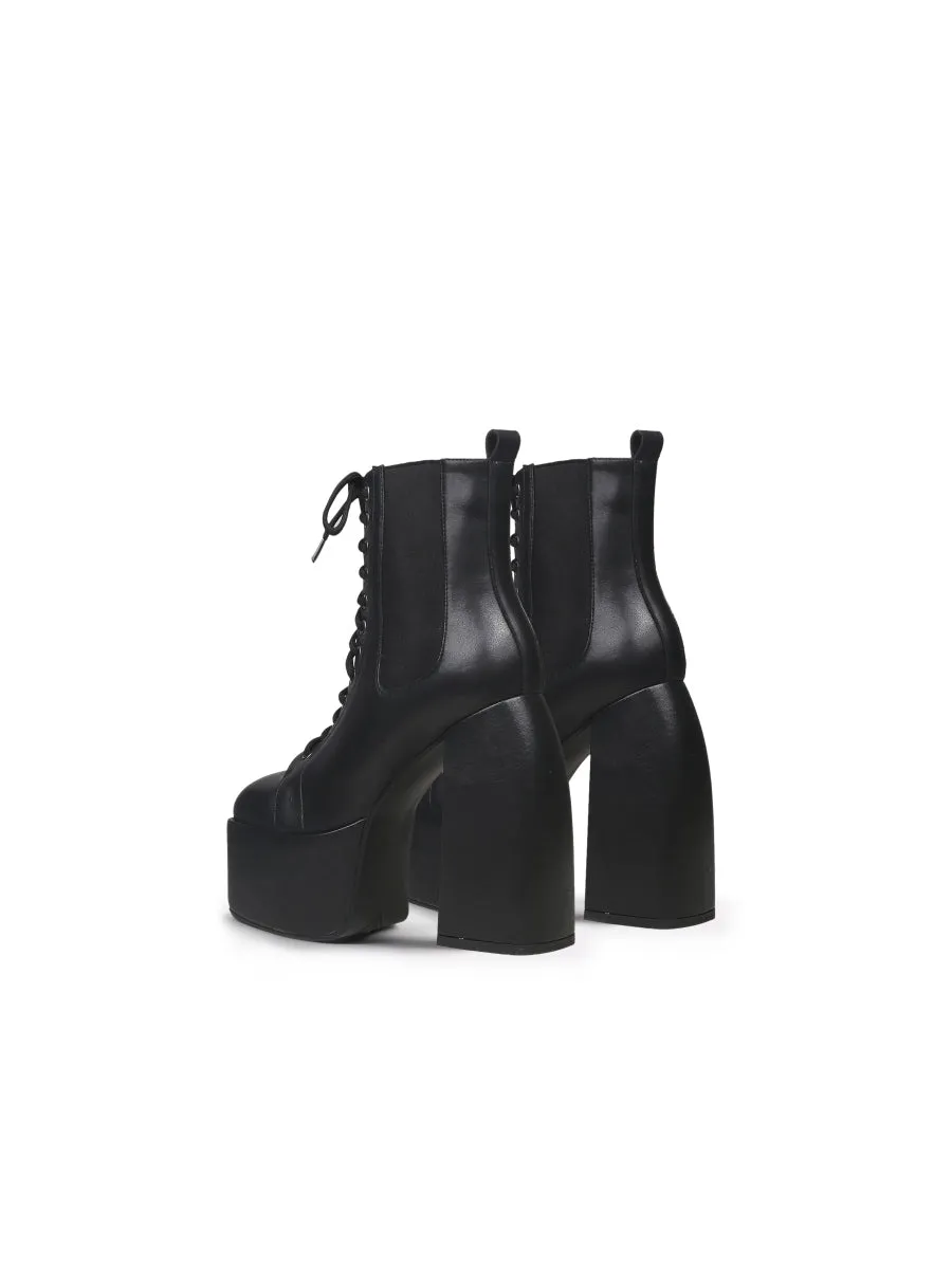 Genuine Leather Chunky Heel Lace-Up Black Platform Chelsea Boots