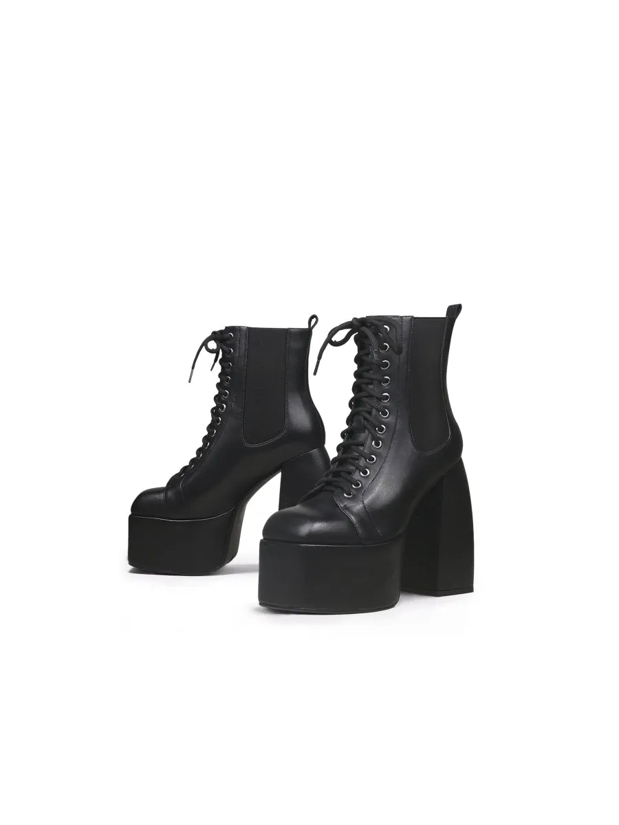 Genuine Leather Chunky Heel Lace-Up Black Platform Chelsea Boots