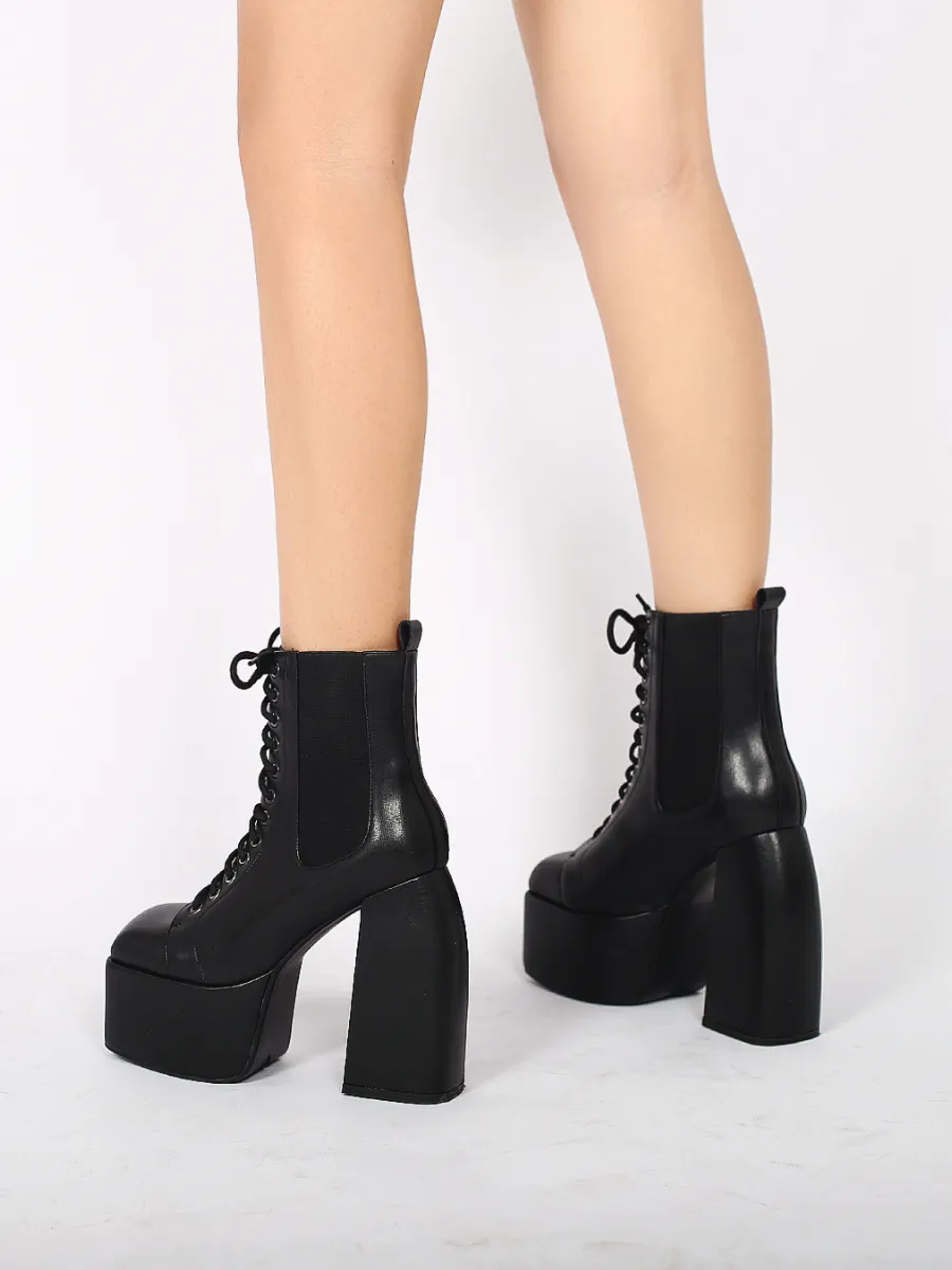 Genuine Leather Chunky Heel Lace-Up Black Platform Chelsea Boots