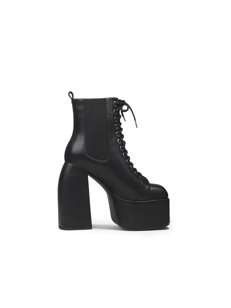 Genuine Leather Chunky Heel Lace-Up Black Platform Chelsea Boots