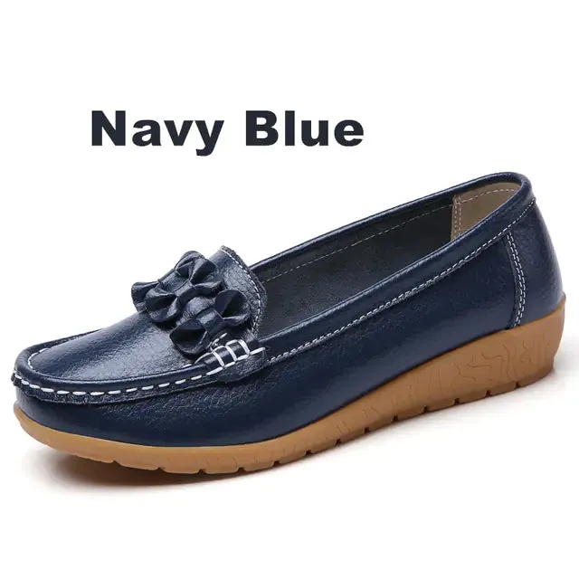 Genuine Leather Slip-On Flats with Bow for Women