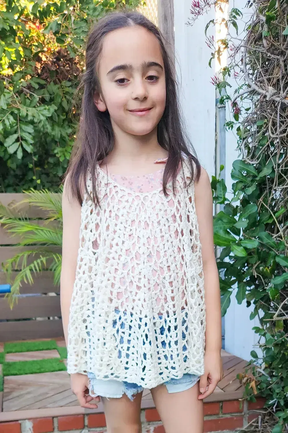 Girls Ivory Sleeveless Flowy Crochet Boho Cover Up Top