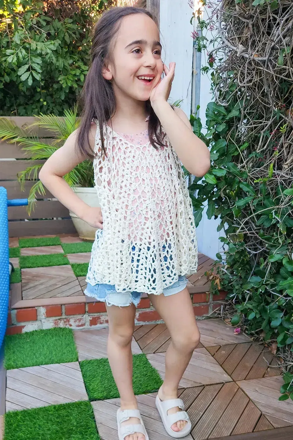Girls Ivory Sleeveless Flowy Crochet Boho Cover Up Top