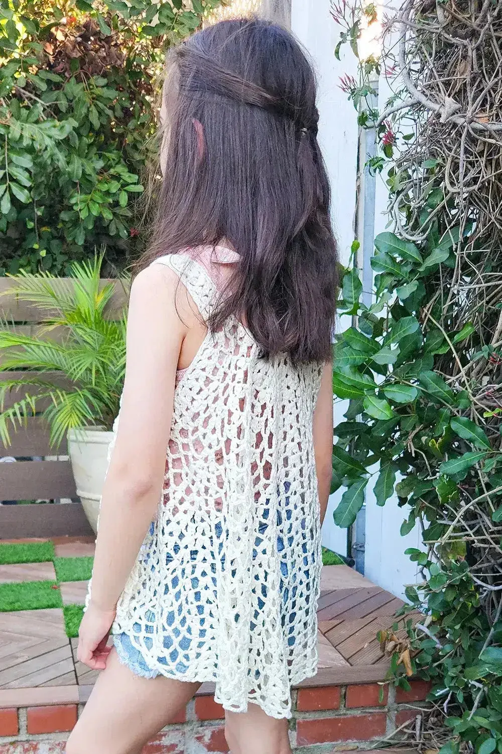 Girls Ivory Sleeveless Flowy Crochet Boho Cover Up Top