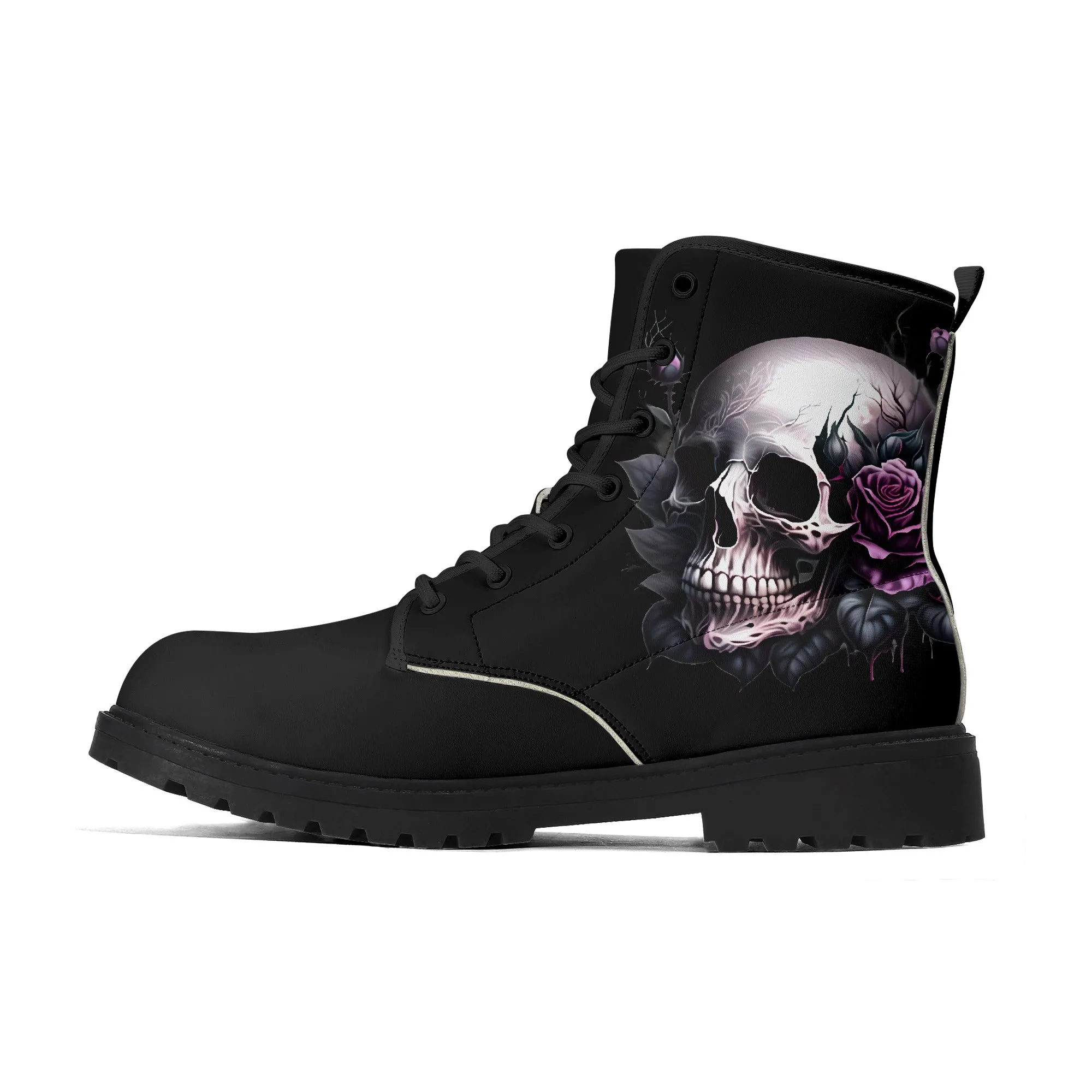 Gothic Skull with Purple Rose Mens Black Vegan Boots