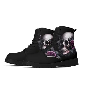 Gothic Skull with Purple Rose Mens Black Vegan Boots