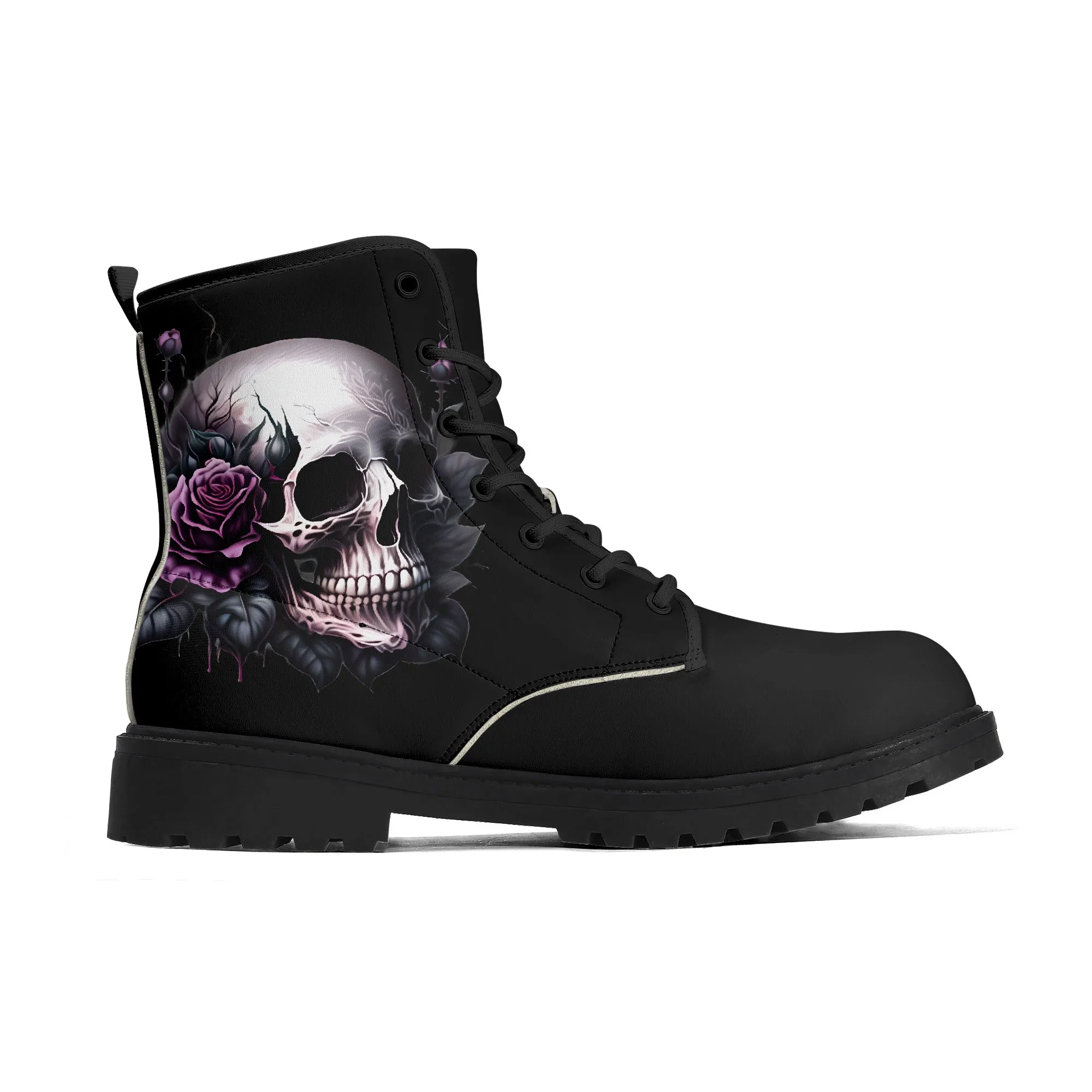 Gothic Skull with Purple Rose Mens Black Vegan Boots