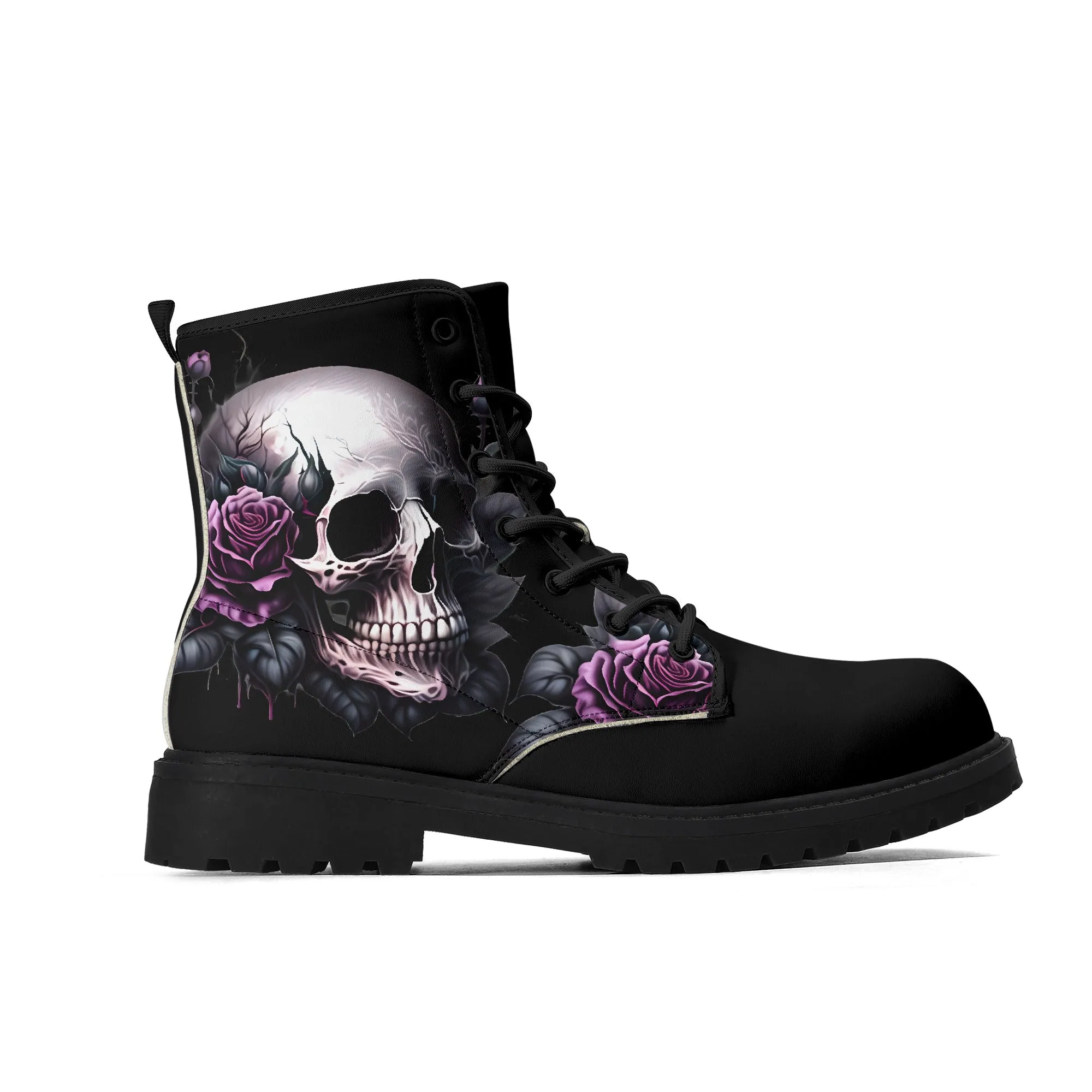 Gothic Skull with Purple Rose Mens Black Vegan Boots