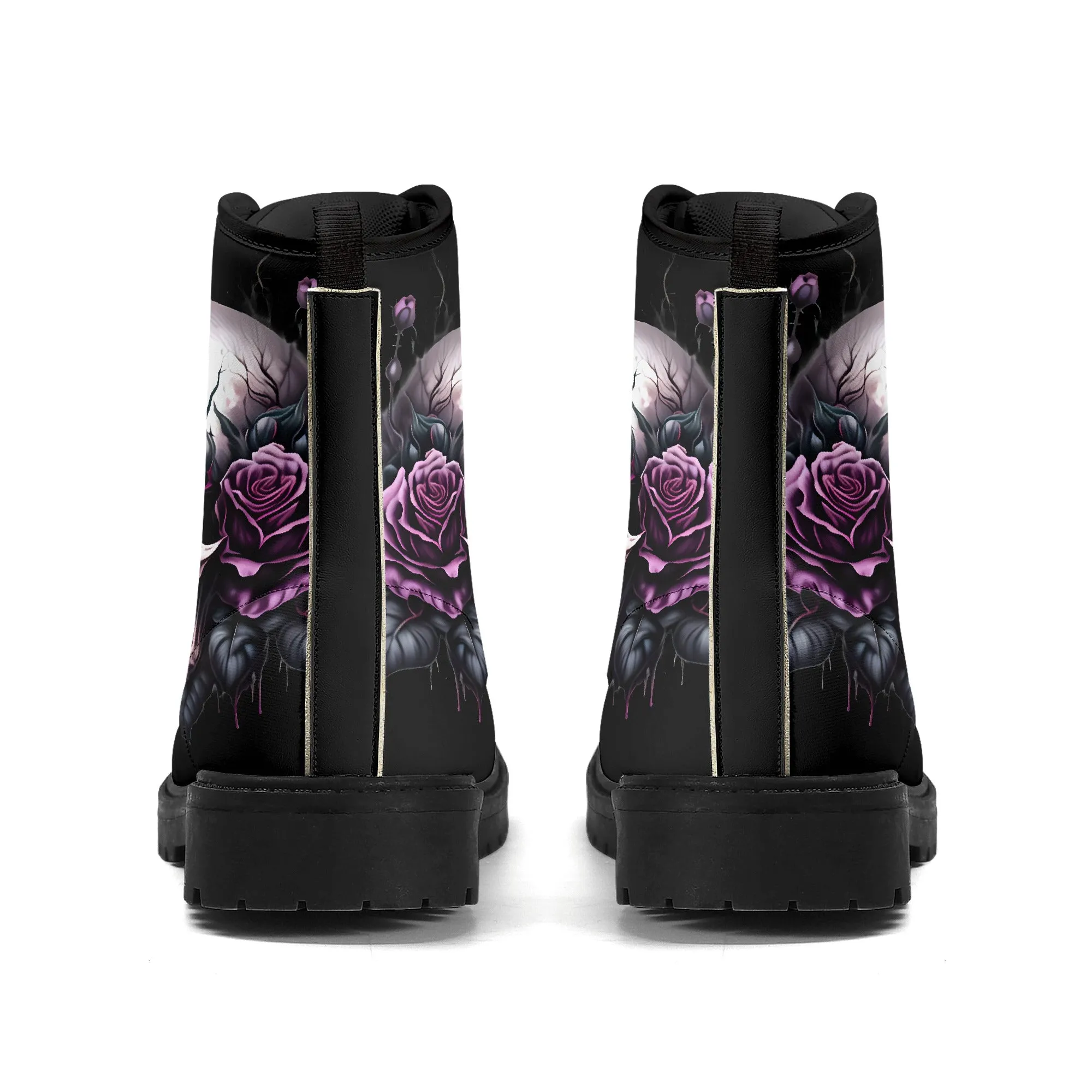 Gothic Skull with Purple Rose Mens Black Vegan Boots