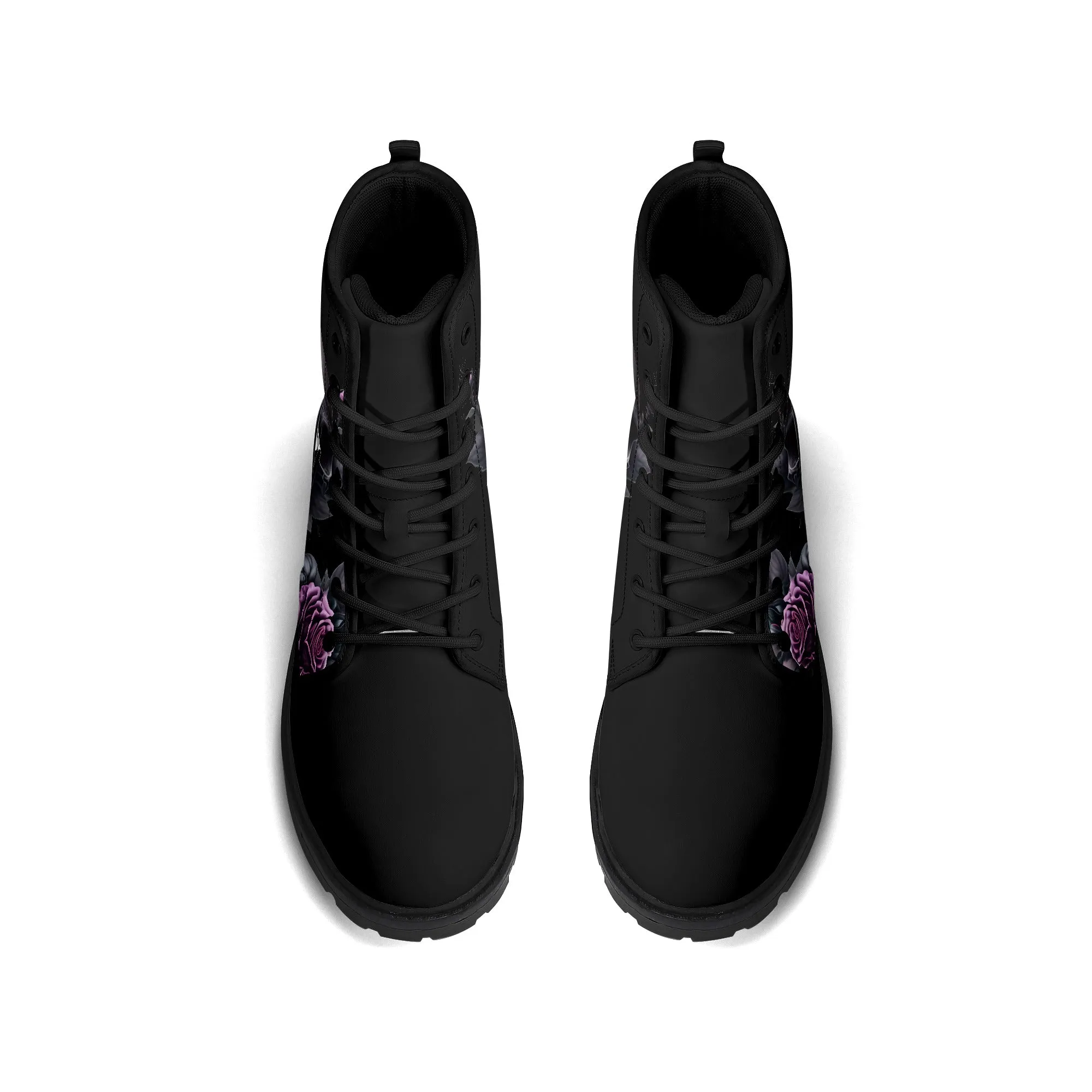 Gothic Skull with Purple Rose Mens Black Vegan Boots