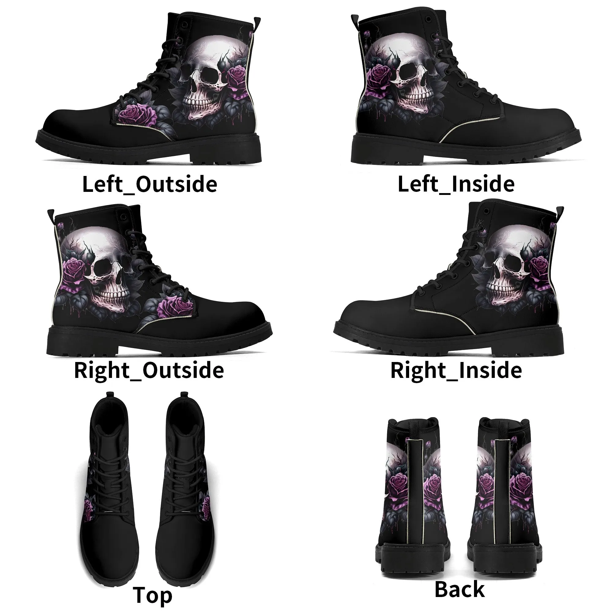 Gothic Skull with Purple Rose Mens Black Vegan Boots