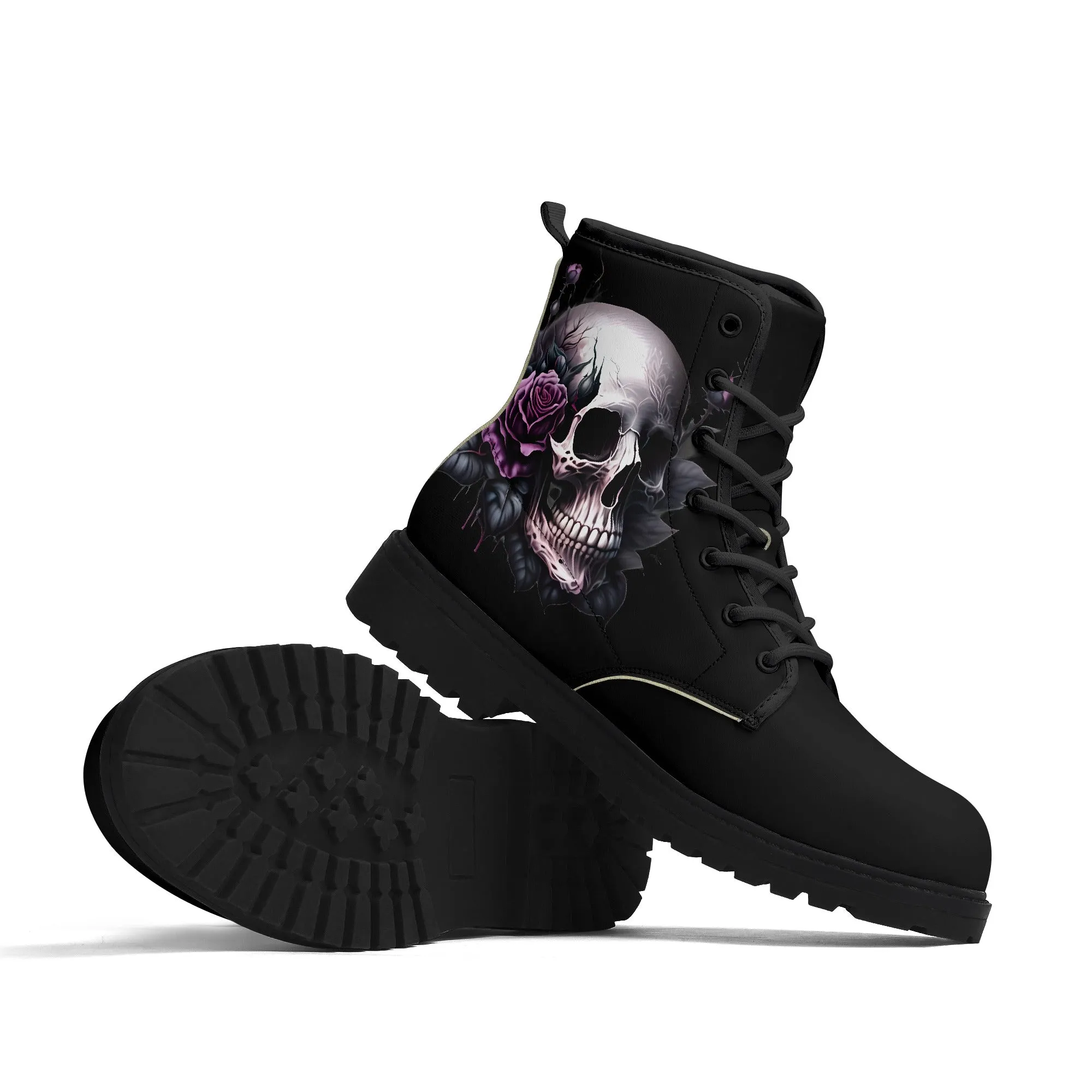 Gothic Skull with Purple Rose Mens Black Vegan Boots