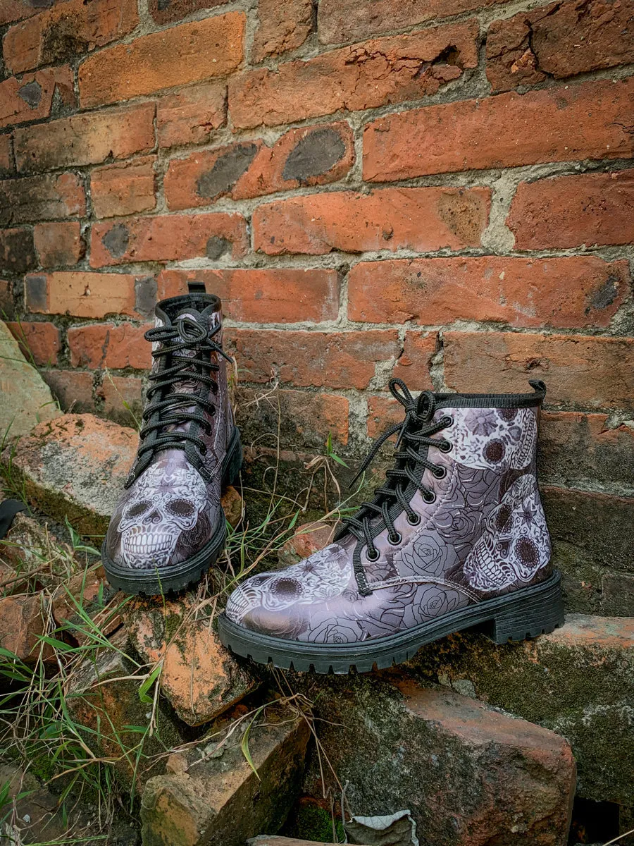 Grey Skull Rose Ankle Flat Combat Boots