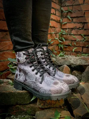 Grey Skull Rose Ankle Flat Combat Boots