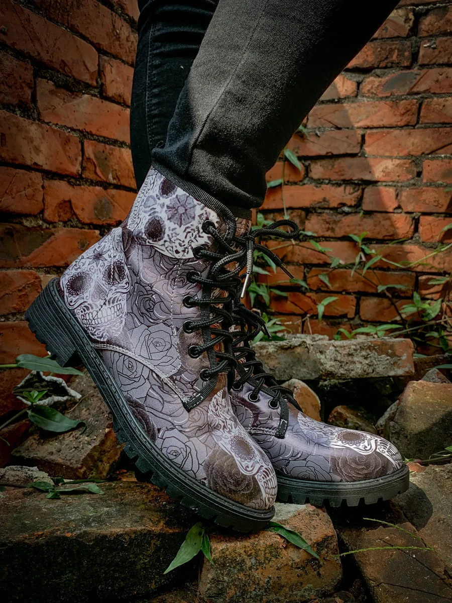 Grey Skull Rose Ankle Flat Combat Boots